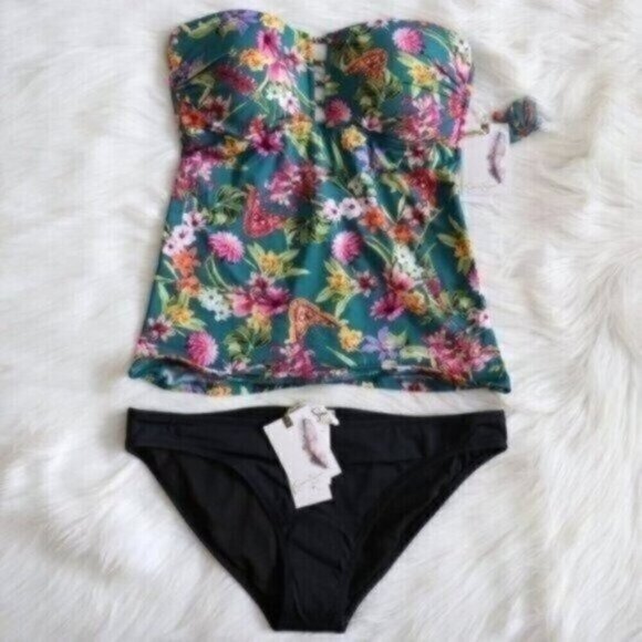 NWT Jessica Simpson Green Floral Printed Tankini Set Size Medium Bathing Suit - Picture 1 of 8